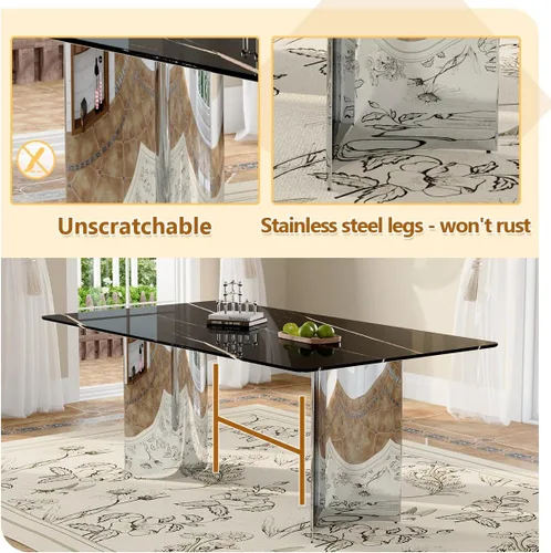 Vista 5 de Juego de mesa de comedor moderno para mesa de comedor de cristal de 6, 7 piezas, mesa de mármol sintético de 71 pulgadas con base de acero
