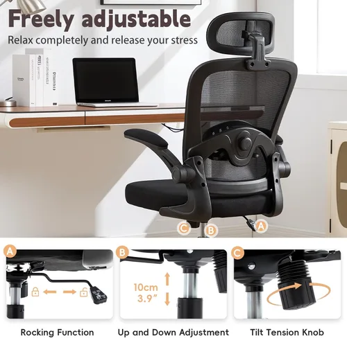 Vista 9 de Silla de oficina ergonómica con soporte lumbar ajustable 3D, respaldo alto de malla, reposacabezas giratorio de 75°, función mecedora, capacidad
