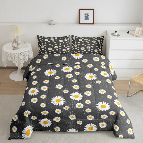 Vista 9 de Erosebridal Juego de edredón de abeja de dibujos animados, tamaño individual, juego de ropa de cama floral de margarita blanca lisa para niños