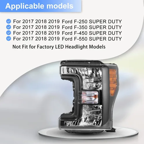 Vista 2 de Par de ensambles de faros ROXX compatibles con [2017 2018 2019 FORD F-250 F-350 F-450 F-550] SUPER DUTY, ensamble de proyector de faros, DRL