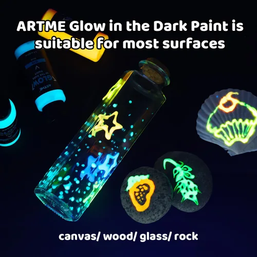 Vista 6 de ARTME Pintura que brilla en la oscuridad, juego de pintura de luz negra de 10 colores brillantes 60ml/2oz, pintura neón para manualidades, pintura