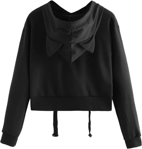 Vista 4 de Sudadera SweatyRocks corta con capucha, manga larga, con estampado de gato, para mujer