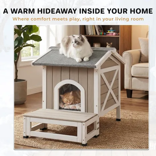 Vista 8 de Casa aislada para gatos al aire libre para invierno, refugio de madera resistente a la intemperie para gatos al aire libre y salvajes con puerta