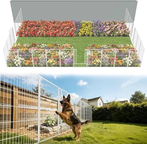 Vista 56 de FXW Valla de jardín al aire libre para el patio, 17 pulgadas de alto x 29.3 pies de largo, barrera de metal resistente para animales, para perros