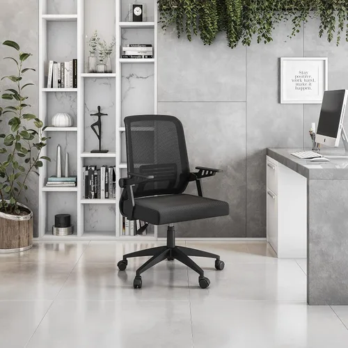 Vista 2 de Techni Mobili, Silla ergonómica negra de malla de oficina Mid-back office chair, lumbar support, breathable mesh back, height adjustable, flip-up