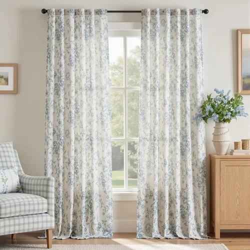Vista 14 de Jinchan Cortinas de Mezcla de Lino con Estampado Floral para Sala de Estar, 84 Pulgadas de Largo, Cortinas con Bolsillo para Varilla y Tab Trasera