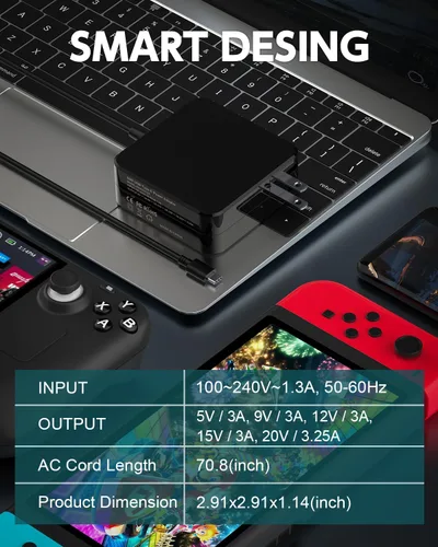 Vista 3 de Adaptador de corriente plegable PD de 65 W45 W, cargador rápido USB C para Steam DeckNintendo SwitchSteam Deck TV Dock