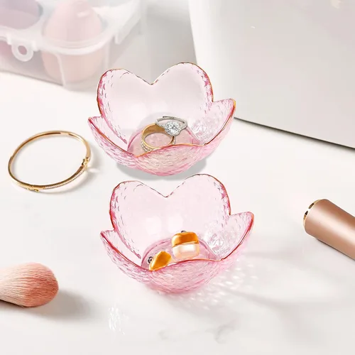 Vista 7 de Regalos para mujeres, plato para baratijas con flores, plato para joyería de vidrio rosa, soporte para anillos, bandeja de joyería, decoración