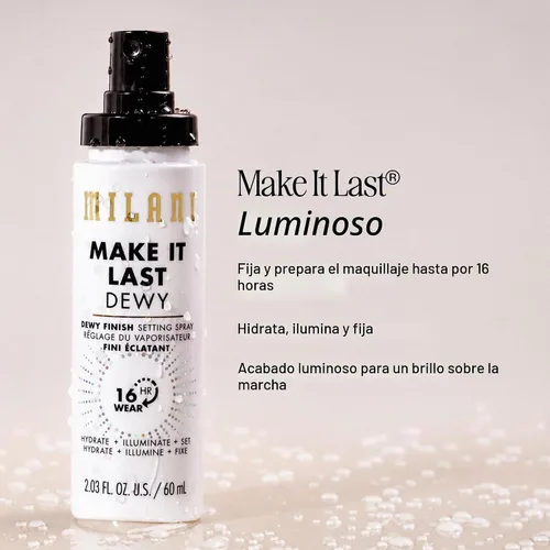 Vista 3 de Milani Make It Last Dewy - Spray fijador para maquillaje, acabado húmedo 3 en 1. Prima, fija e hidrata. Hasta 16 horas de uso. Formulado con una