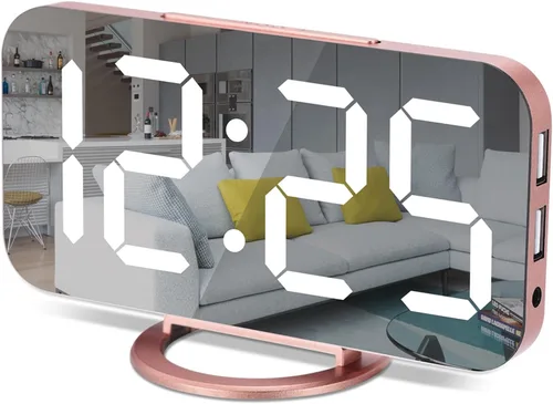 Vista 8 de Reloj despertador digital, relojes electrónicos con espejo LED de 7 pulgadas, con 2 puertos de carga USB, modo de suspensión, ajuste automático