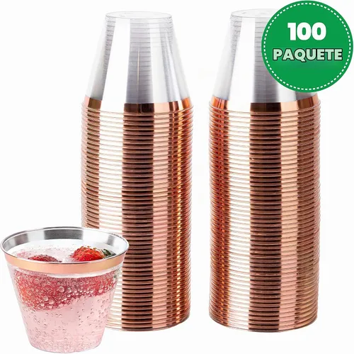 Vista 7 de PLASTICPRO Vasos desechables de plástico para fiestas, de 9 onzas, vasos de diseño antiguo, transparentes (transparente con borde de oro rosa, 100)