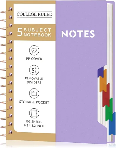 Vista 19 de CAGIE Cuadernos de espiral para trabajo escolar con pestañas divisorias extraíbles, cuaderno de 5 materias de 8.5 x 11 pulgadas, a rayas
