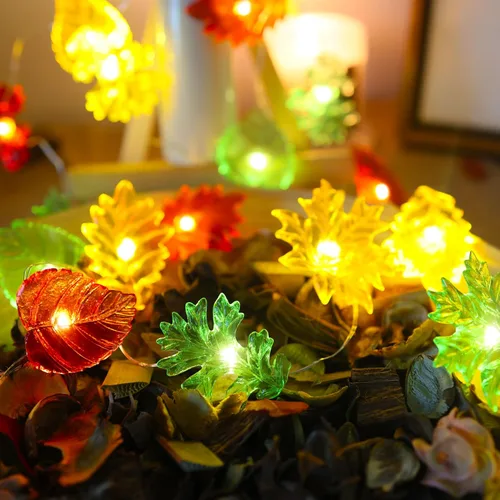 Vista 5 de Decoración de otoño para el hogar, luces de hojas de arce, guirnalda de roble de arce de Acción de Gracias, guirnalda de luces decorativas, funciona