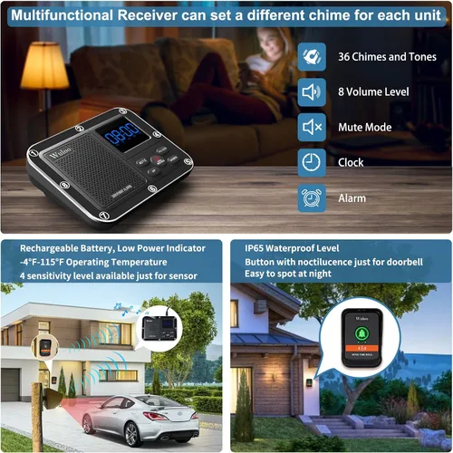 Vista 4 de Alarma solar inalámbrica para entrada con pieza adicional de timbre, sistema de seguridad inalámbrico multifuncional para el hogar, batería