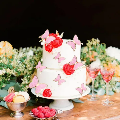 Vista 5 de 30 adornos de mariposa para tartas de mariposa en 3D, cola de oro rosa, mariposa, fiesta de cumpleaños, decoración para aniversario, boda, fiesta