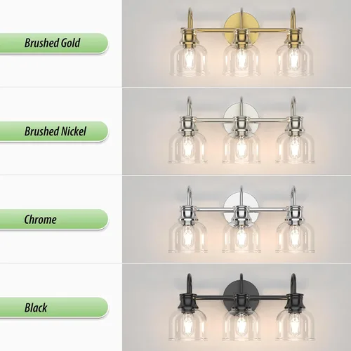 Vista 4 de Lámpara de tocador de baño de 3 luces, níquel cepillado, tradicional, clásica, con vidrio transparente, accesorios de iluminación de baño sobre