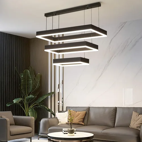 Vista 12 de Candelabros modernos para sala de estar, 2 anillos rectángulos, lámpara colgante de isla de cocina, lámpara LED regulable para comedor y dormitorio