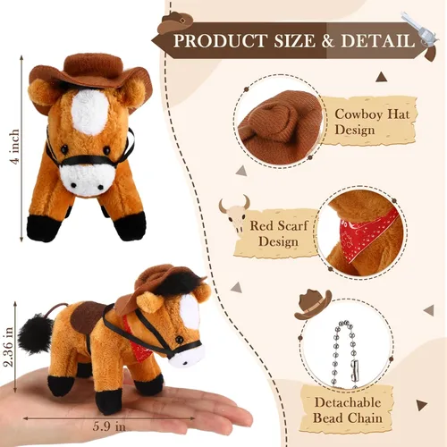 Vista 3 de Paquete de 9 animales de peluche de 4 pulgadas, mini juguete de peluche de pie con sombrero de vaquero y bandana, cadena desmontable para decoración