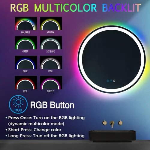 Vista 5 de Espejo de baño LED redondo de 20 pulgadas, montado en la pared, luces delanteras (3 colores) y retroiluminación RGB, antivaho, luz inteligente