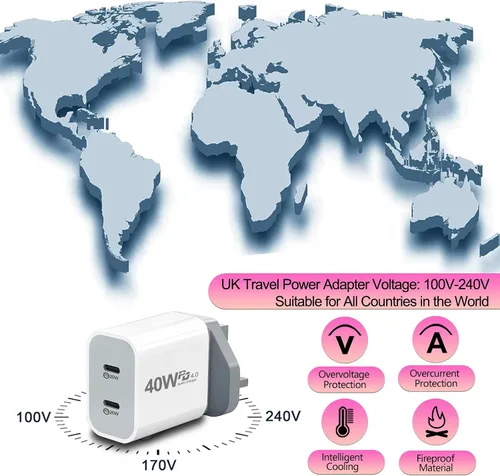 Vista 6 de Adaptador de Reino Unido para viajes, 40 W PD4.0 Reino Unido USB C cargador Irlanda Reino Unido adaptador USB C cargador bloque internacional