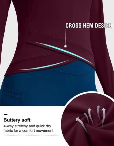 Vista 4 de SANTINY Camiseta de compresión atlética de manga larga para mujer, con dobladillo cruzado, para correr, gimnasio, yoga, con agujero para el pulgar
