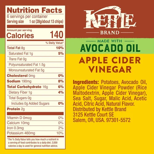 Vista 2 de Kettle Brand Fabricado con chips de vinagre de sidra de manzana y aceite de aguacate, bolsa de 6 onzas