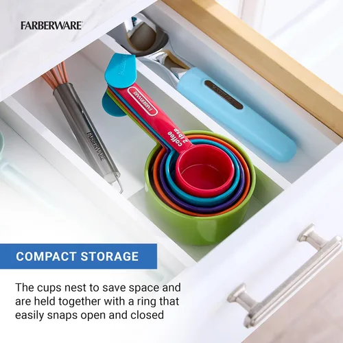 Vista 5 de FARBERWARE Juego de 5 tazas medidoras con cuchara para café, tazas medidoras anidables de plástico duraderas con marcas de fácil lectura, sin BPA