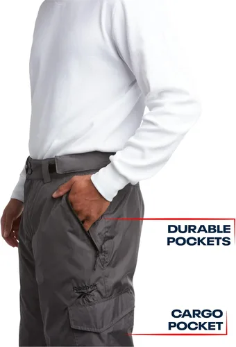 Vista 4 de Reebok Pantalones de nieve para hombre, pesados e impermeables, con bolsillos tipo cargo, polainas de nieve, pantalones de esquí para hombre