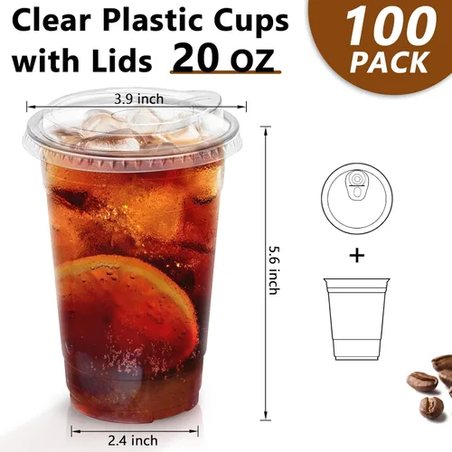 Vista 2 de Clawsoff Paquete de 100 vasos de plástico transparente de 20 onzas con tapas, tazas de café helado resistentes con tapas para sorbos, vasos