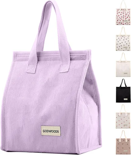 Vista 12 de TELLUMO Bolsa de almuerzo de corduroy para mujeres y hombres, linda bolsa de almuerzo con aislamiento y gran capacidad (7.5L), bolsa de almuerzo