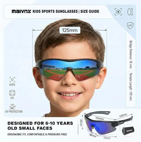 Vista 2 de maivnz Gafas de sol de béisbol juveniles para niños, UV400 para niñas, gafas de sol de sóftbol para niñas, niños de 6 a 8 a 12 a 14 años, gafas
