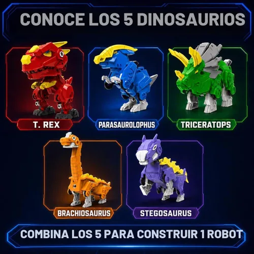 Vista 6 de Juego de juguetes de dinosaurio robot 5 en 1: gran kit de robot transformable para desmontar con 5 figuras de acción de dinosaurio - juguetes