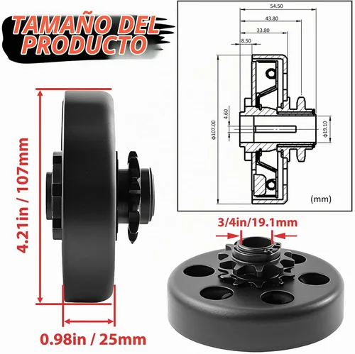 Vista 3 de KIKITE Embrague Go Kart 3/4" Orificio 10 Dientes Para Cadena 40/41/420, Embrague Centrífugo Para Cadena Mini Bicicleta 10T Compatible con Predator