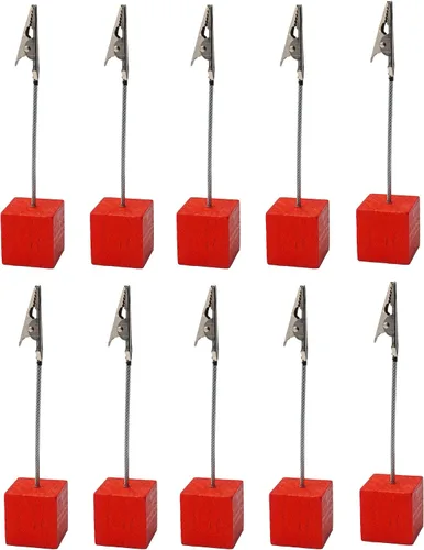 Vista 8 de 10 soportes de clip de notas con base de cubo de madera marrón, soportes de clip de cocodrilo para números de mesa, tarjetas de lugar, fotos