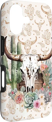 Vista 3 de Western Boho Chic Longhorn Bull Skull Cactus Beige Pattern Case for iPhone 17