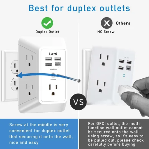 Vista 26 de Extensor de tomacorriente, protector de sobretensiones con 5 enchufes múltiples y 4 puertos USB (2 USB C), cargador de pared de regleta