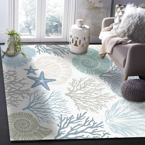 Vista 4 de Alfombra rectangular rectangular náutica azul para sala de estar, 4 x 6 pies, alfombra antideslizante de verano con diseño de conchas de mar y Coral