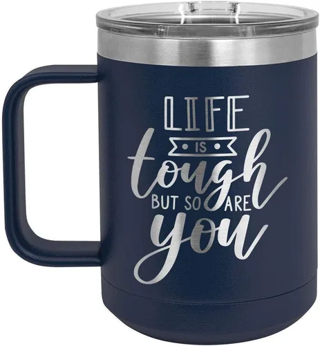 Vista 5 de LIFE IS TOUGH BUT SO ARE YOU Negro Taza de café de 15 oz con tapa deslizante Taza de café de viaje aislada Ideas de regalos de cumpleaños