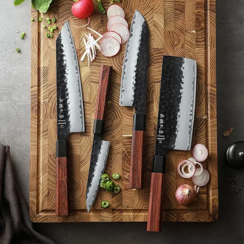 Vista 3 de Juego de cuchillos de cocina 4 piezas, cuchillo de chef de acero revestido Nakiri forjado Santoku, mango octogonal de madera