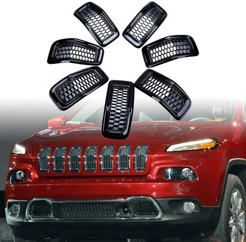Vista 6 de 7 piezas de insertos de malla de rejilla delantera para Jeep Malla negra mate + ribete negro brillante