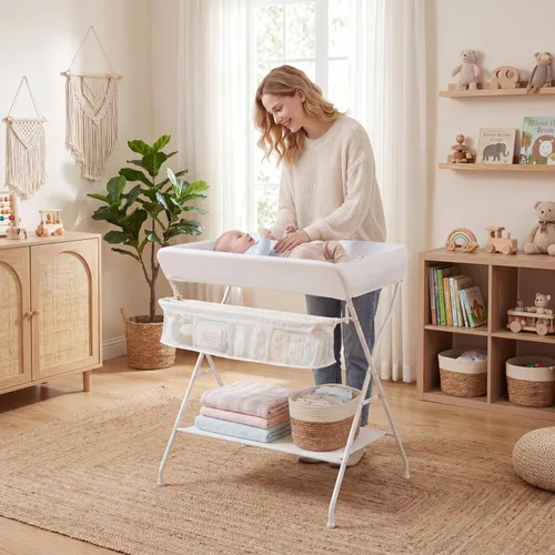 Vista 2 de HONEY JOY Cambiador, organizador plegable para guardería con estante abierto y cinturón de seguridad, estación de cambio de pañales portátil