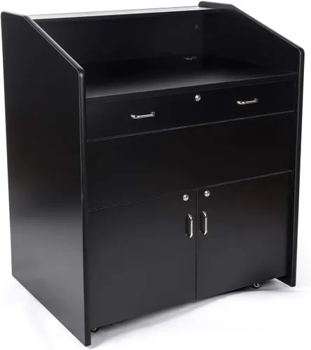 Vista 3 de Displays2go Podio multimedia rodante con estantería ajustable - (OLILCTMMLBK)