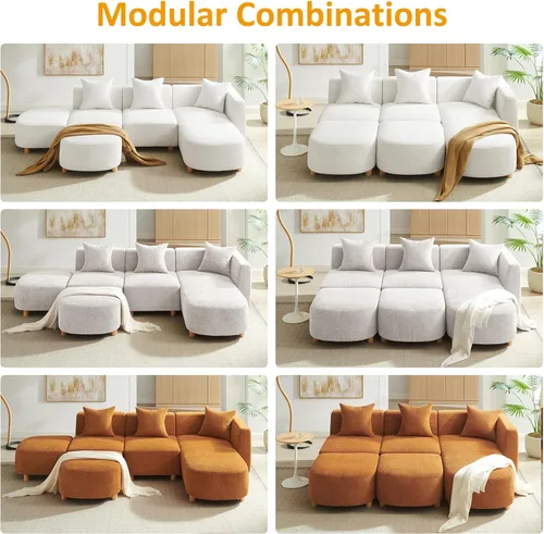 Vista 9 de VANOMi 279 cm Sofá modular seccional con 3 almohadas, cómodo sofá de chenilla en nube convertible de 5 plazas con reposapiés, sofás seccional