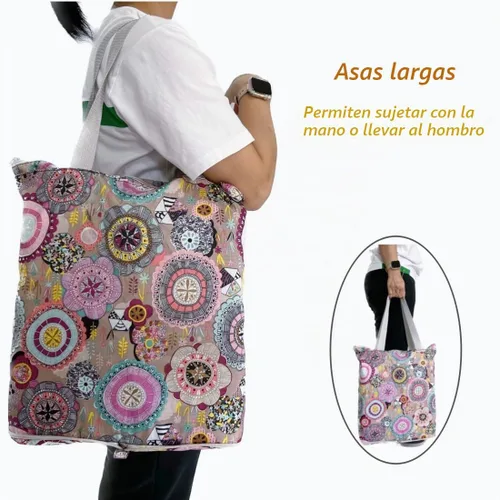 Vista 4 de NC - Bolsas grandes plegables, impermeables, ligeras, duraderas, reutilizables, resistentes, para compras diarias, estilo floral colorido con cierre