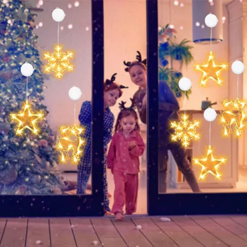 Vista 2 de 3 piezas de luces de ventana de Navidad, decoraciones de ventana de Navidad con batería, luces colgantes de Navidad en forma de copo de nieve