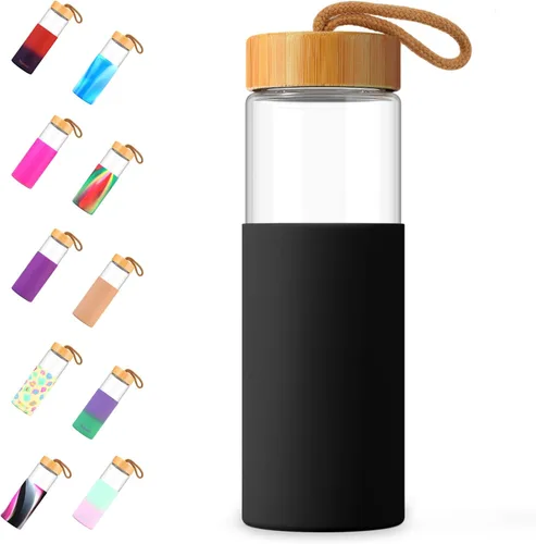 Vista 12 de Tronco Botellas de agua de vidrio de 20 onzas con tapas, botellas de vidrio de borosilicato reutilizables con tapa de bambú y funda de silicona