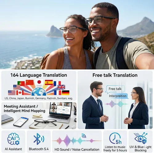 Vista 2 de Anteojos Inteligentes con Traducción de 140 Idiomas, Anteojos Inteligentes Bluetooth con AI, Lentes que Cambian de Color, Parlantes, Perfectos