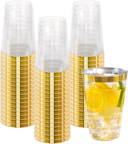 Vista 11 de I00000 Paquete de 100 vasos de plástico dorados de 14 onzas, vasos desechables de plástico con purpurina dorada, copas de vino desechables, copas