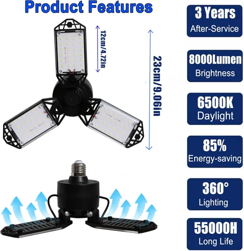 Vista 3 de Luz LED para garaje, 80 W, 8000 lúmenes, luces de techo con 3 paneles ajustables, lámpara LED de 6500 K, luz blanca de día, luces LED para garaje