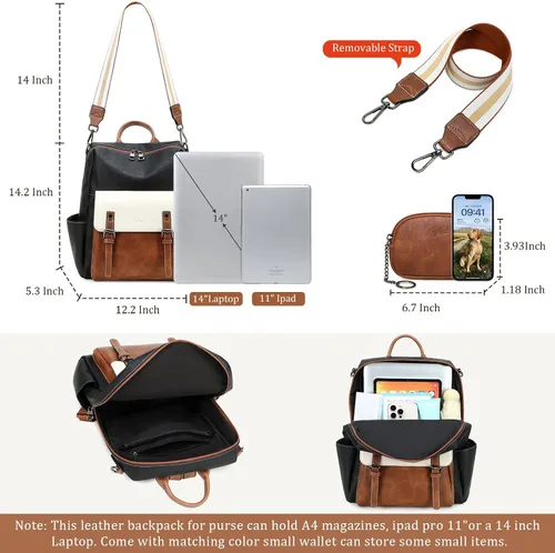 Vista 2 de AGLOD Mochila de cuero sintético para mujer, bolsos de viaje de moda para mujer, bolsos de viaje de trabajo de imitación, Beige- negro-marrón